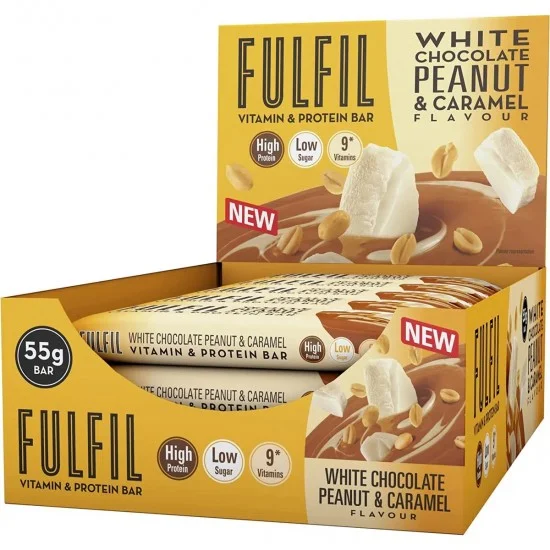 Batoane proteice + Vitamine, White choco peanut caramel, 20g proteine/baton + 9 vitamine, 15batoane/cutie - Fulfil Nutrition Batoane proteice + Vitamine, White choco peanut caramel, 20g proteine/baton + 9 vitamine, 15batoane/cutie - Fulfil Nutrition