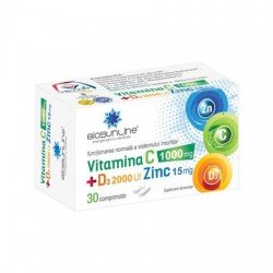 Vitamina C 1000 mg + D3 2000 UI + Zinc 15 mg, 30 comprimate - Helcor