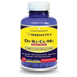 Complex natural D3+K2+Ca+Mg, 120 capsule vegetale - Herbagetica