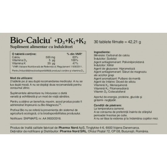 Bio-Calciu + D3 + K1 + K2, 30 tablete - Pharma Nord