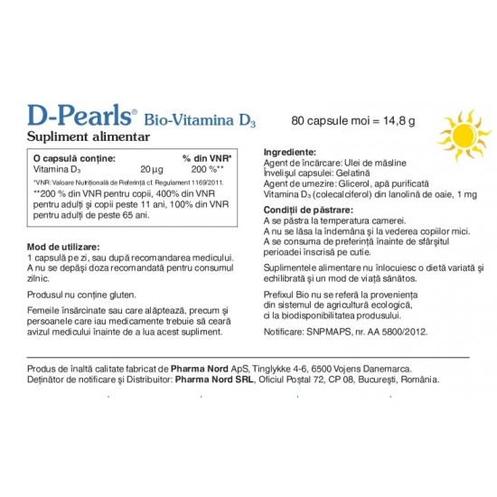 Bio-Vitamina D3 D-Pearls 20mcg, 80 capsule, Pharma Nord