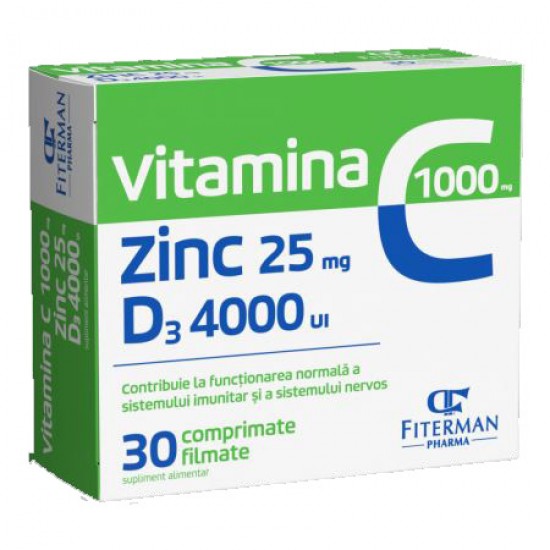 Vitamina C 1000 mg + Zn 25 mg + D3 4000UI, 30 comprimate filmate - Fiterman